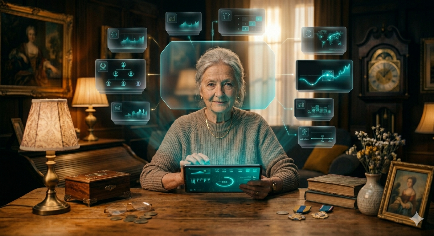 Senior woman using LegacyLoop on a tablet to manage estate items