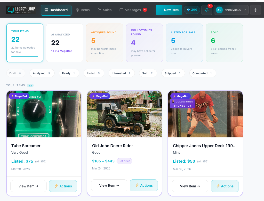 LegacyLoop Dashboard — item management and AI analysis overview